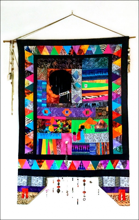 "My African Memories"- brightly coloured wall hanging with collaged patterned fabric and beading by Maggie Bush