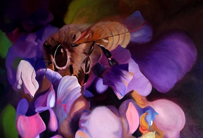 Oil painting of a bee on mauve flowers by Maggie Bush
