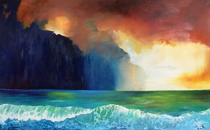Seascape with dark cliffs and orange sky by Maggie Bush
