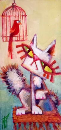 Painting of stylized cat gazing up at a bird in a cage, by Nic Kirkman