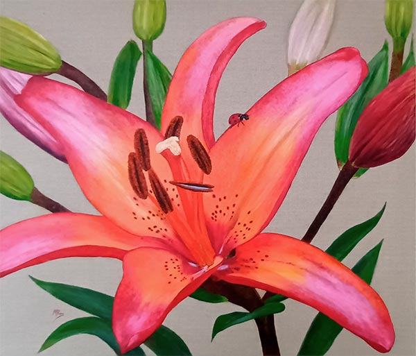 Painting of a dark pink lily flower by Margaret Rees