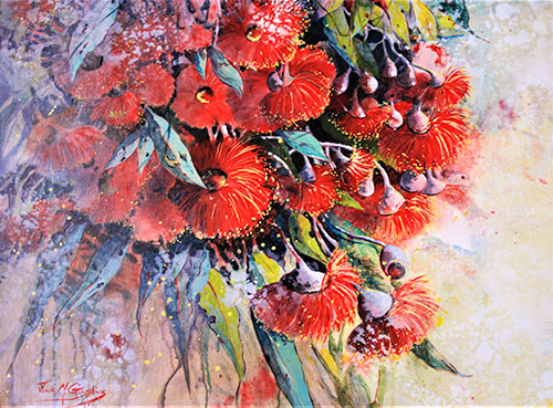 "Gum Blossom Beauty" by Julie Goldspink - wet In wet acrylic & watercolour painting of red gum blossoms