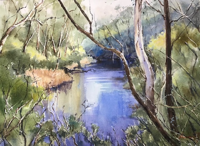 Watercolour painting of a river with bushy surrounds, by Annee Kelly