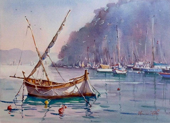 Watercolour painting of sail boats in a harbour, by Annee Kelly