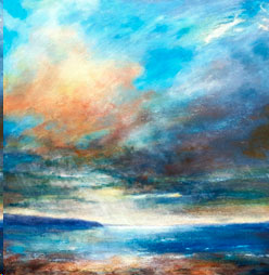 Seascape painting in blues and oranges by Catherine Hamilton