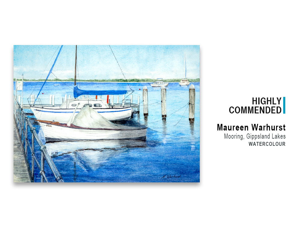 'Mooring, Gippsland Lakes' watercolour by Maureen Warhurst, winner Highly Commended, 2022 Spring Art Show