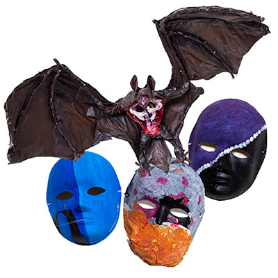 Childrens' exhibition at the 2022 Spring Art Show - bat and mask sculptures.