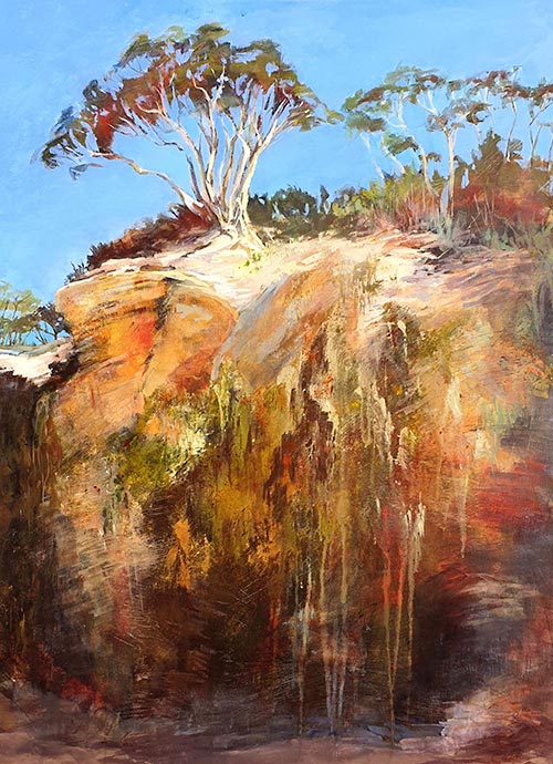 'Fragile' - landscape painting of a rocky cliff with gum trees on top, by Catherine Hamilton
