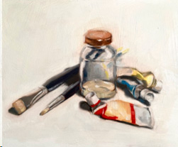 Oil painting of paint tubes, brushes and glass jar, by Maria Radun