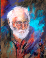 Colourful portrait by Catherine Hamilton of an elderly man with white hair and beard