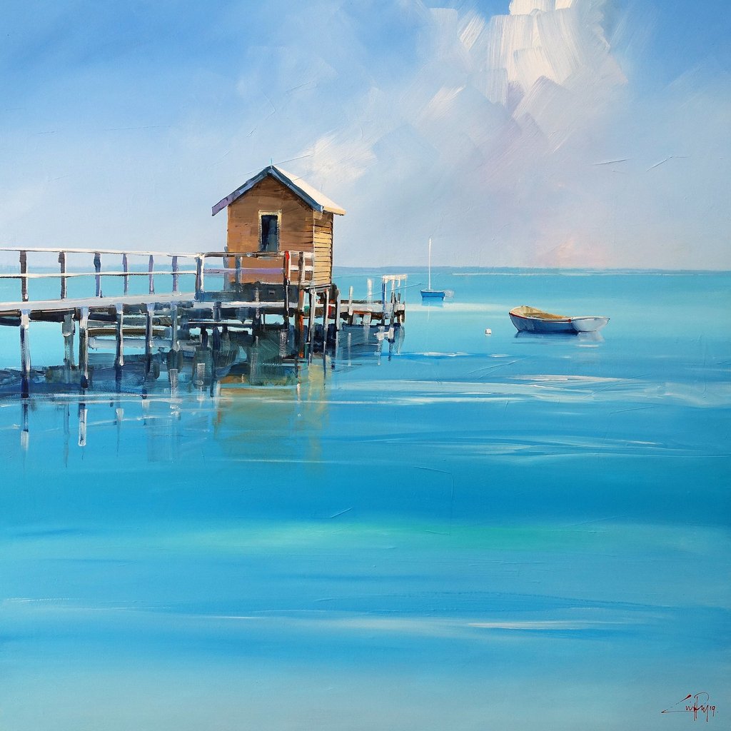 Craig Penny - At Sorrento - acrylic seascape painting on canvas with boathouse and dinghies against a calm blue-turquoise sea