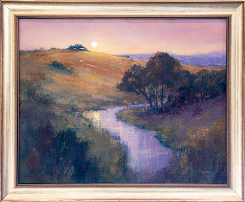 Oil painting by Jacqui Simpson of a riverscape with a full moon reflecting in the water.