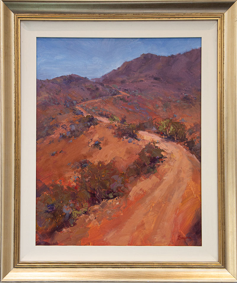 Painting of a road winding through an Australian outback landscape with red soil by Jacqui Simpson
