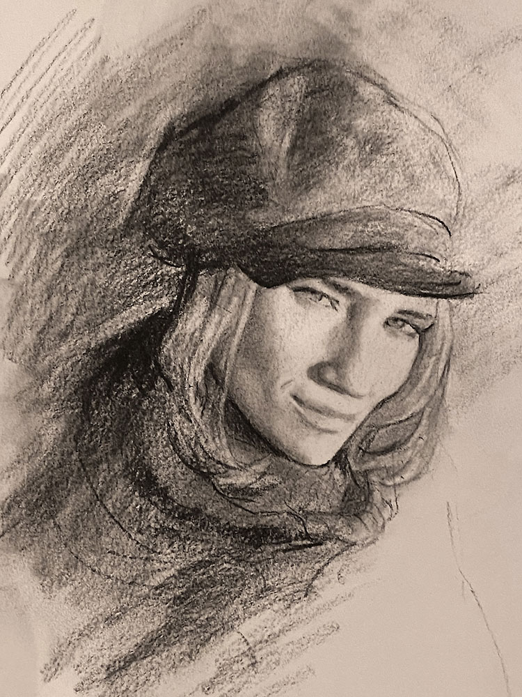 Drawing of a young woman with long hair, beret and scarf, by Maria Radun
