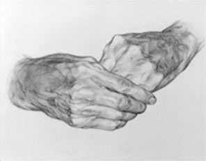 Monochrome drawing of two clasped hands by Maria Radun