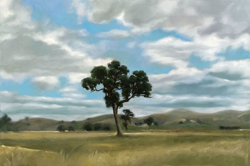 Maria Radun - CallOutToMe 2021 - Oil on canvas 40x60cm - landscape with tree in foreground, green distant hills and a cloudy sky