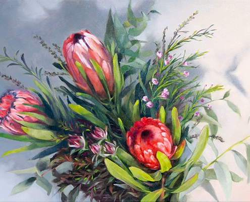 Maria Radun - Proteas - Oil on Canvas. Bunch of flowers featuring red proteas.