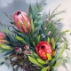Maria Radun - Proteas - Oil on Canvas. Bunch of flowers featuring red proteas.