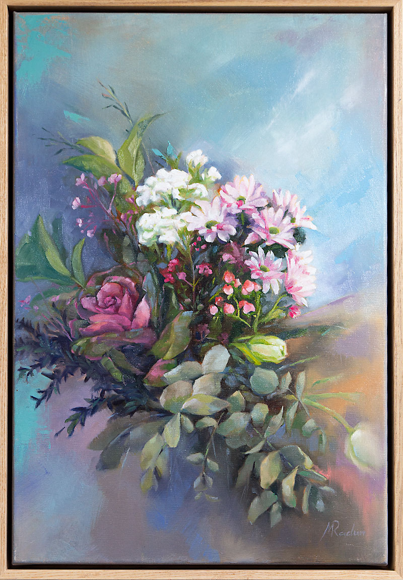 Maria Radun - Winter Whimsy - Oil on Canvas featuring flowers in pink and white with gum leaves