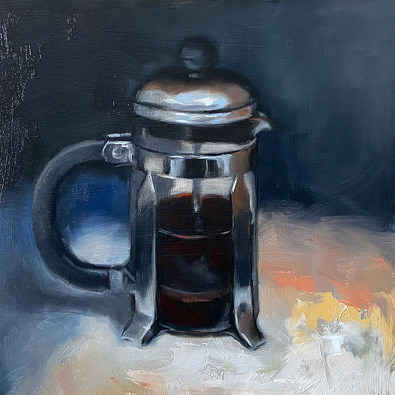 Oil painting of a metal and glass coffee plunger by Maria Radun