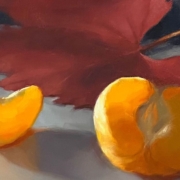 Autumn Light (detail) - Oil Painting on wood of a red autumn leaf and brightly lit orange segments, by Maria Radun