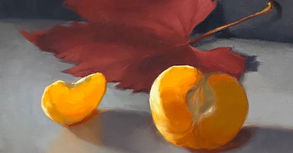 Autumn Light (detail) - Oil Painting on wood of a red autumn leaf and brightly lit orange segments, by Maria Radun