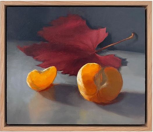 Autumn Light - Oil Painting on wood of a red autumn leaf and brightly lit orange segments, by Maria Radun