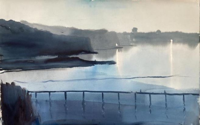 Summer Evening, Beaumaris - watercolour of seascape with rocky headlands, lights shining across the water and a jetty in the foreground, by Clive Sinclair