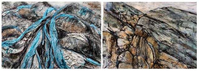 Highly textured mixed media drawings in earth tones and blue by students from Catherine Hamilton's drawing class