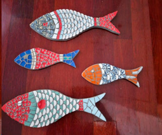 Mosaic or 4 fish in bright colours by Sally Burns