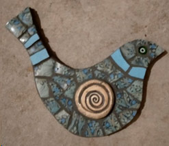 Mosaic bird in blues, greys and pale brown, by Sally Burns
