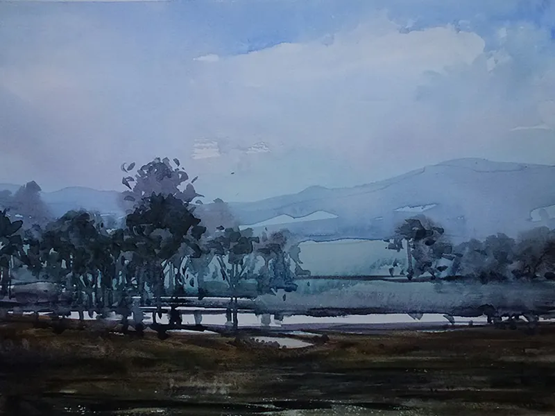 Near St Mary S Tas WC Maxine Wade, landscape with trees, river and mountains in various shades of blue and green.