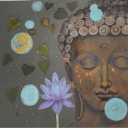 Artwork by Paola Ditel depicting stylized Buddha face, lotus flower, leaves and a starry sky background.