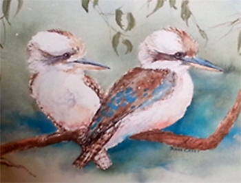 Watercolour of 2 kookaburras sitting on a branch, by Diane Casey