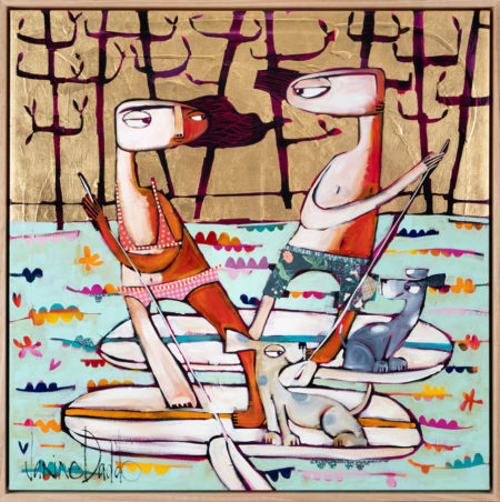 Beach Patrol SUP, semi-abstract painting of two figures upright on paddle boards, with dogs, by Janine Daddo