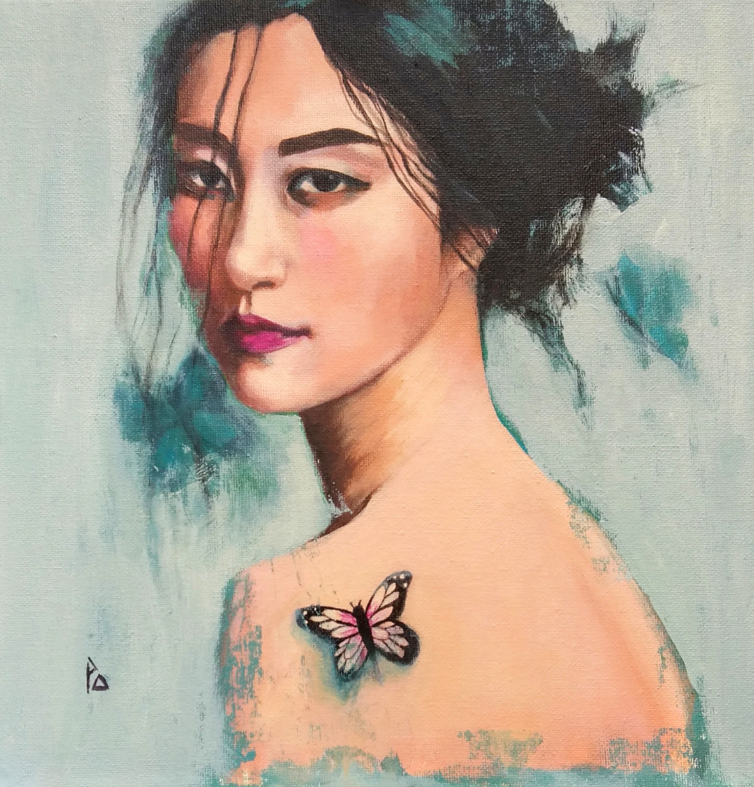 Head and shoulder portrait of a young dark-haired woman by Paola Ditel, with a colourful butterfly on her shoulder.