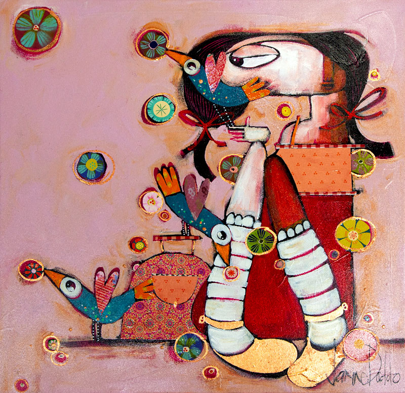 Brightly coloured acrylic semi-abstract painting by Janine Daddo showing a stylized female figure with flowers and birds.