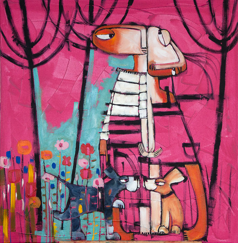Acrylic painting demonstration,unfinished by Janine Daddo. Shows a semi-abstract quirky male and female figure on a hot pink background, with flowers and 2 dogs.