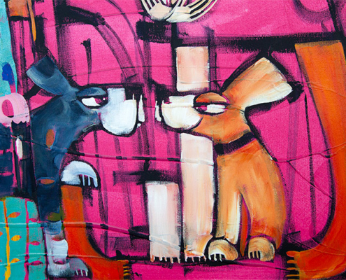 Detail-acrylic painting demo painting - unfinished - by Janine Daddo. Shows 2 quirky dog characters sniffing each other.