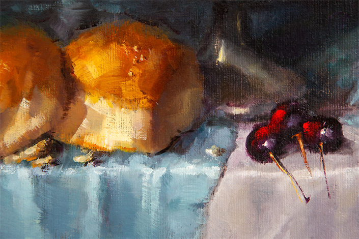 Detail from "Bread" - oil painting by Joan Denner. Crusty bread with glowing red cherries.