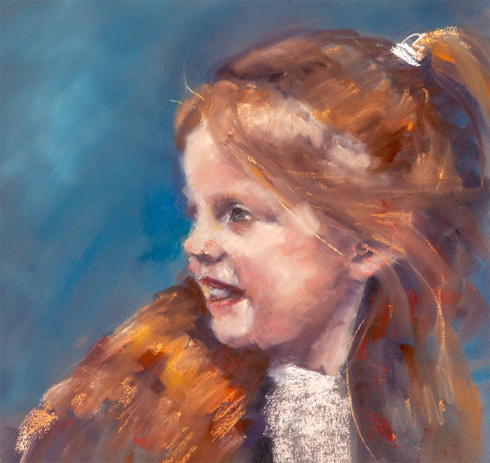 Liz Turner - pastel portrait of a young red-haired girl.