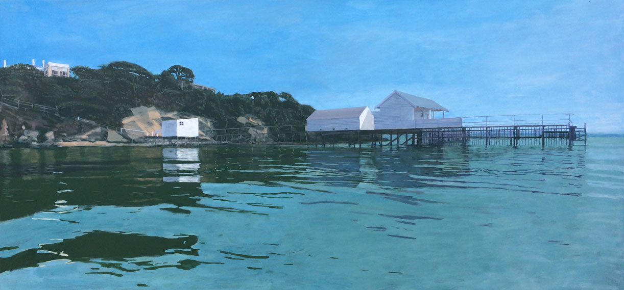 Rick Matear - Cliff And Pier In Morning Sun - Acrylic On Linen 87.5x184cm 2015 Sold