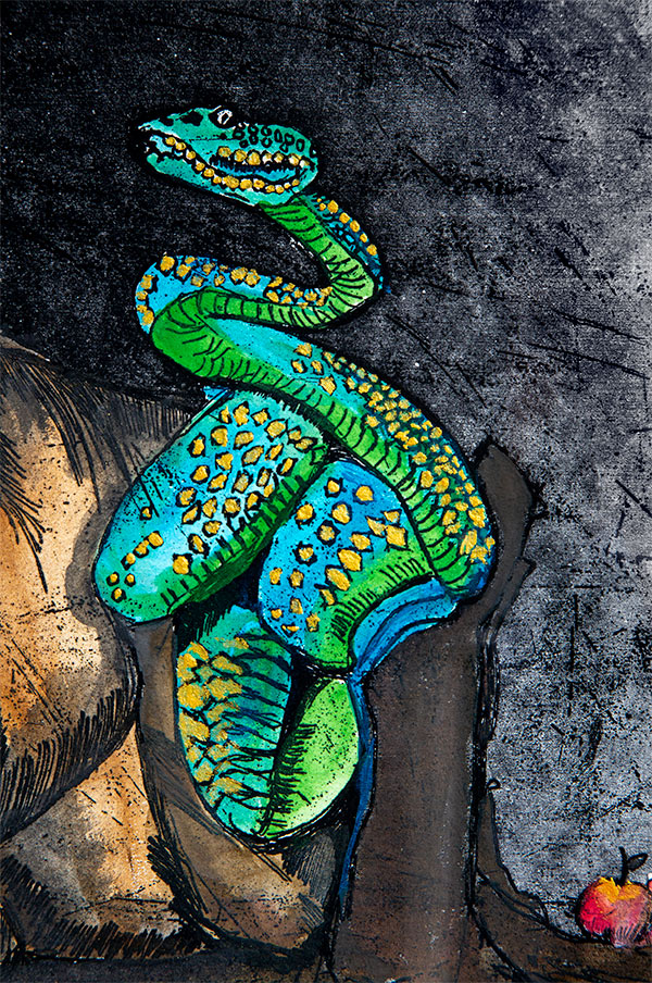 Rachel Bonnici - Horse and Snake - hand coloured etching-detail. A coiled brightly coloured green, blue and yellow snake.
