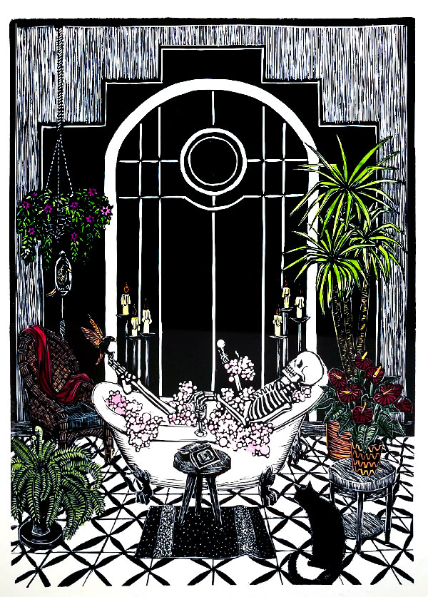 Elizabeth Hickey-The Principle of Pleasure 1- hand coloured linocut of a skeleton in a bubble bath with potted plants and black cat.