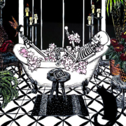 Elizabeth Hickey - The Principle of Pleasure1 Hand Coloured Linocut - detail. Skeleton in soapy bathtub with black cat, indoor plants and candles.