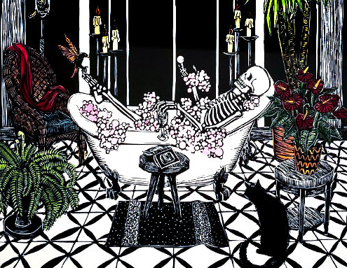 Elizabeth Hickey - The Principle of Pleasure1 Hand Coloured Linocut - detail. Skeleton in soapy bathtub with black cat, indoor plants and candles.