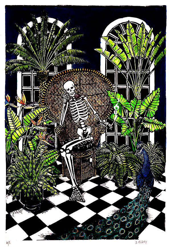 Elizabeth Hickey-The Principle of Pleasure 2- hand coloured linocut of a skeleton sitting in a cane chair in an indoor garden with peacock.