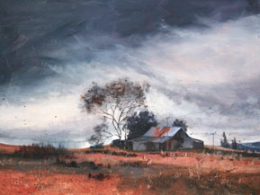 Julie Goldspink - acrylic painting of an old farm house in a rural landscape with stormy sky