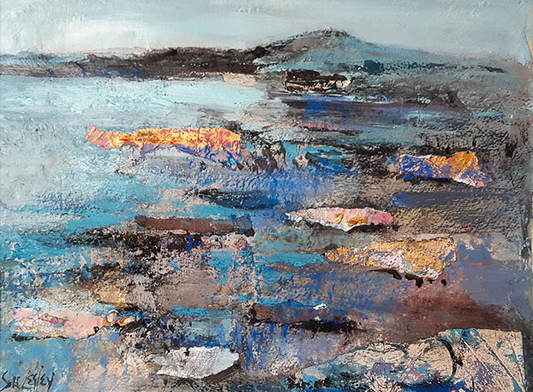 Mixed Media Artwork of an abstract landscape in blues, oranges and pinks, by Su Fishpool