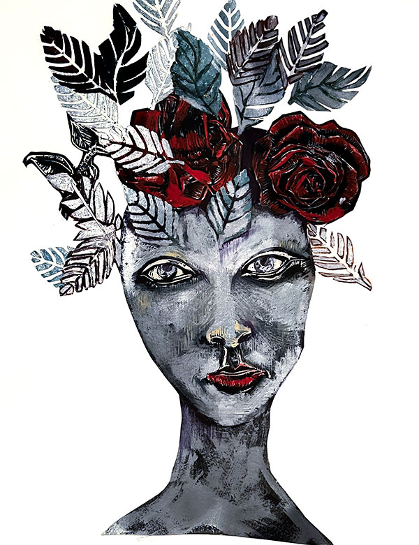 Rachel Bonnici - Silver Woman - linocut and collage. Stylized portrait of a woman in tones of grey and blue, with red roses and leaves on her head